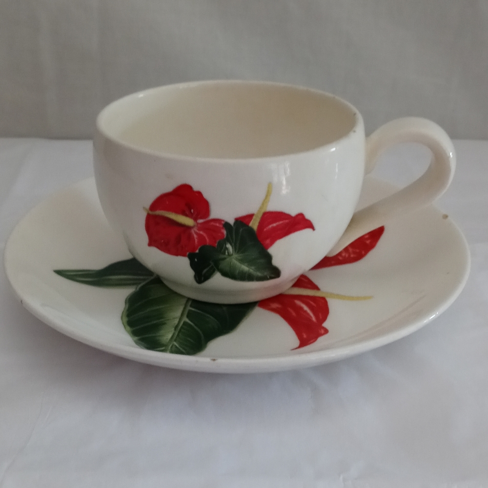 Santa Anita Ware the Flowers of Hawaii's Red Anthurium Flat Cup and Saucer Set.
